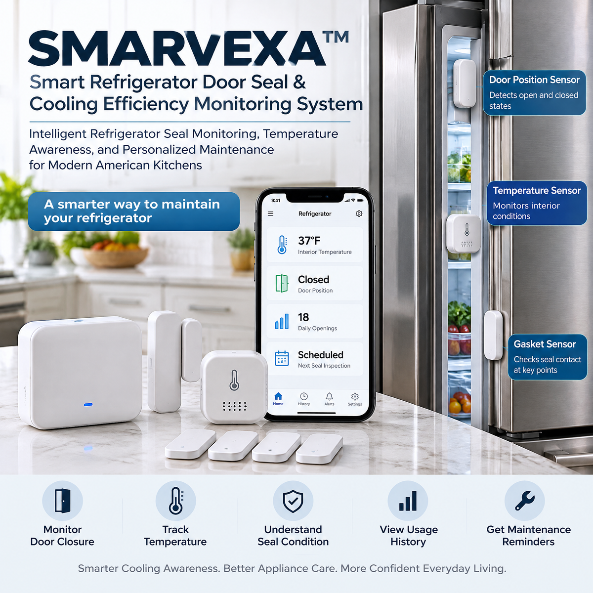 SMARVEXA Smart Refrigerator Door Seal & Cooling Efficiency Monitoring System concept illustration 1